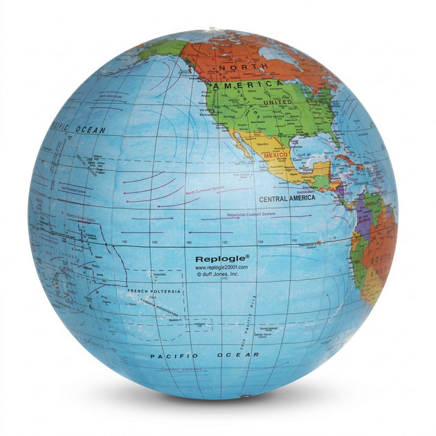 A high-resolution, centered ecommerce product shot of the 27" Replogle Globe Inflatable World Globe on a pure white background.