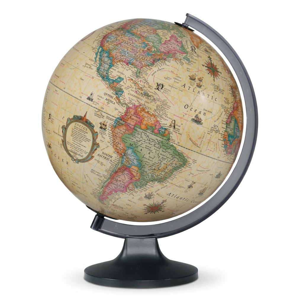 A high-resolution ecommerce hero shot of the Replogle Copenhagen antique ocean desk globe on its black stand against a pure white background.