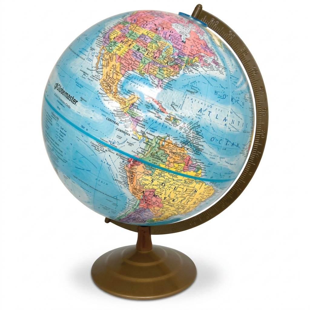 Replogle Globemaster 12" blue ocean desk globe on a gold-finished metal stand.