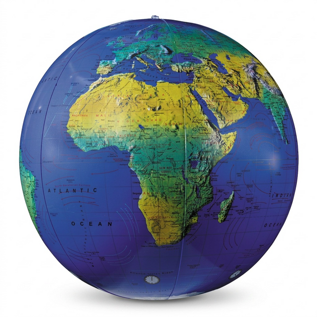 A high-resolution product photograph of an inflated Replogle 12-inch Blue Ocean topographical globe, centered against a pure white background.
