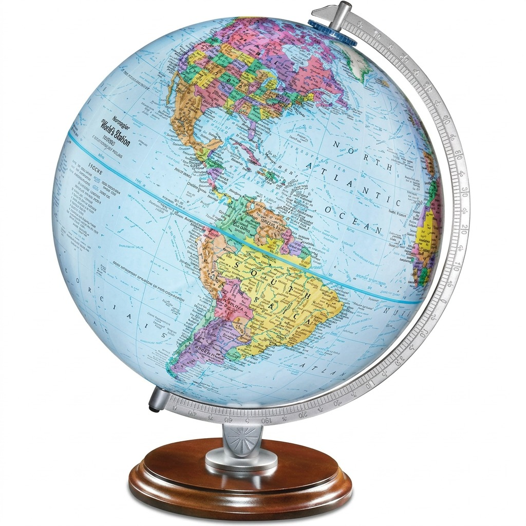 A pure high-resolution hero shot of the Replogle Student Globe 12" Blue Ocean Desk Globe from the front, centered against a clean white background. This image accurately preserves the specific 12-inch diameter globe with its detailed multicolored blue ocean cartography, the metal semi-meridian and mounting, the dark wood base, and all unique product labels visible on the canon image. It features clean lighting and precise, natural shadows.