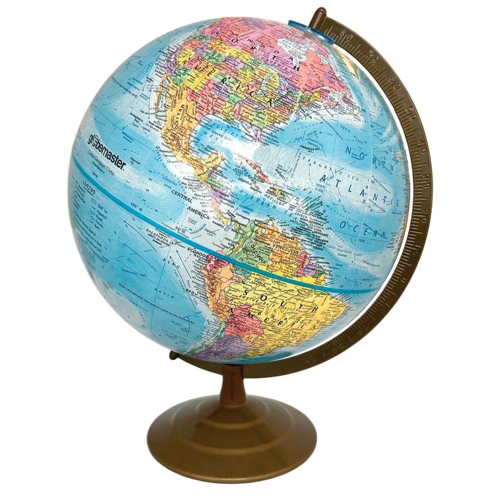 High-resolution 12" Replogle Globemaster blue ocean globe on its bronze stand, isolated on a white background.