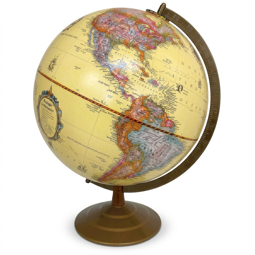 High-resolution hero shot of the 12" Replogle Globemaster antique ocean desk globe on its brass-finish metal base.
