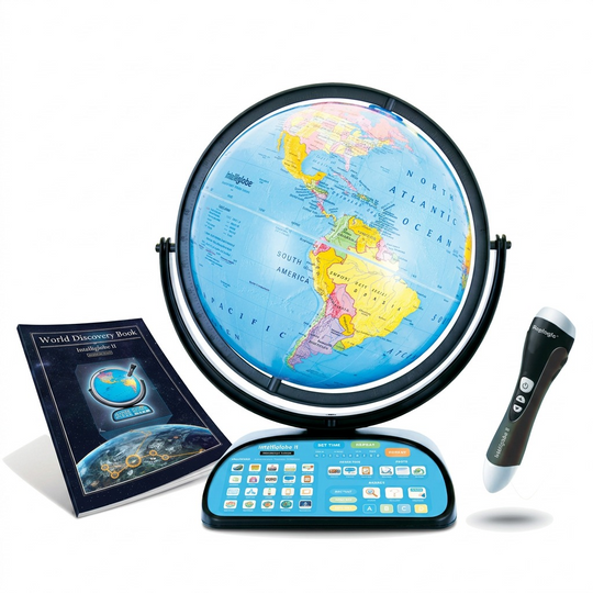 Pure hero shot of the Intelliglobe II interactive globe, pen, and World Discovery Book on a clean white background.