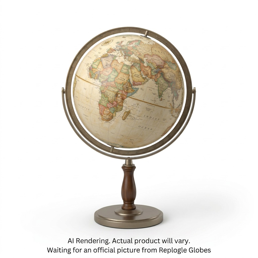 A pristine high-resolution photo of the Replogle Globes Treasury Globe on its metal stand against a pure white background.