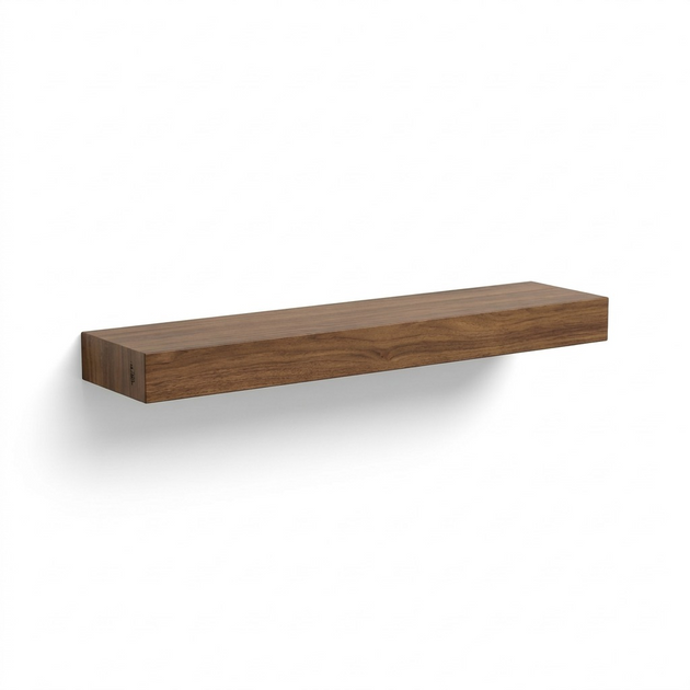 Medium walnut solid wood floating shelf, 36 inches long, on white background.