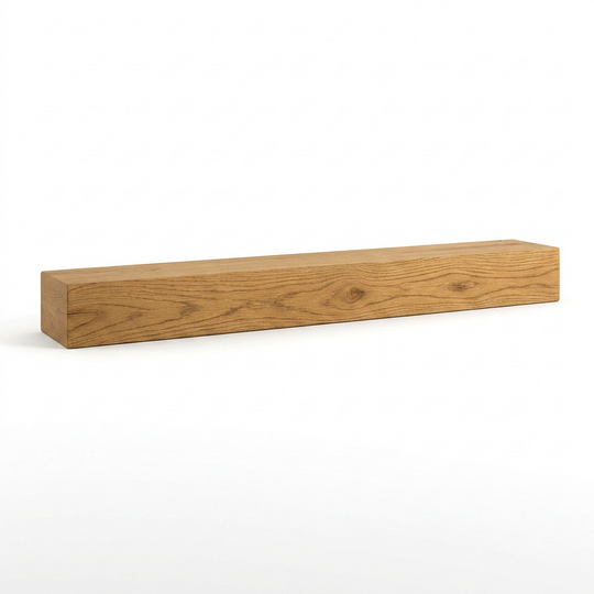 A high-resolution, centered image of a 72x5x7 honey-colored floating beam fireplace mantel.