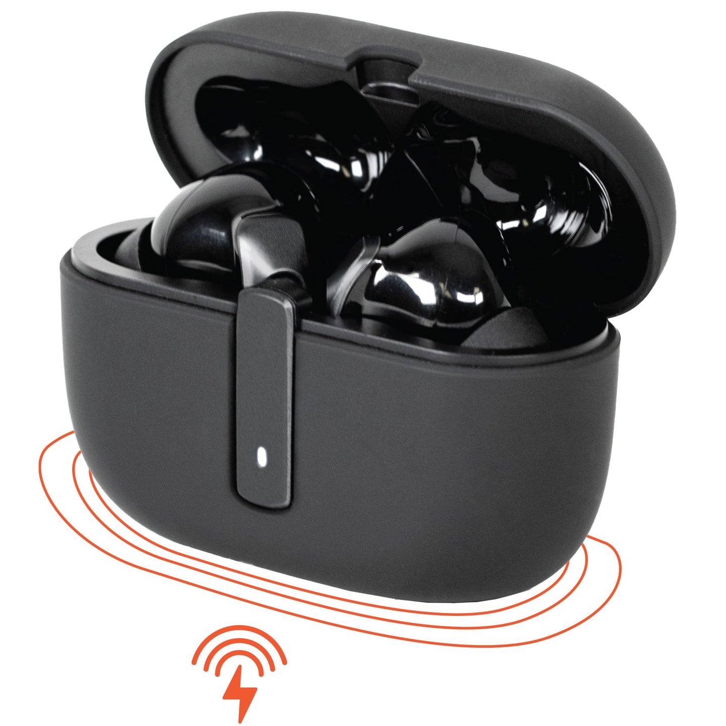 Wicked Audio Mojo 800 true wireless earbuds in black charging case with wireless charging