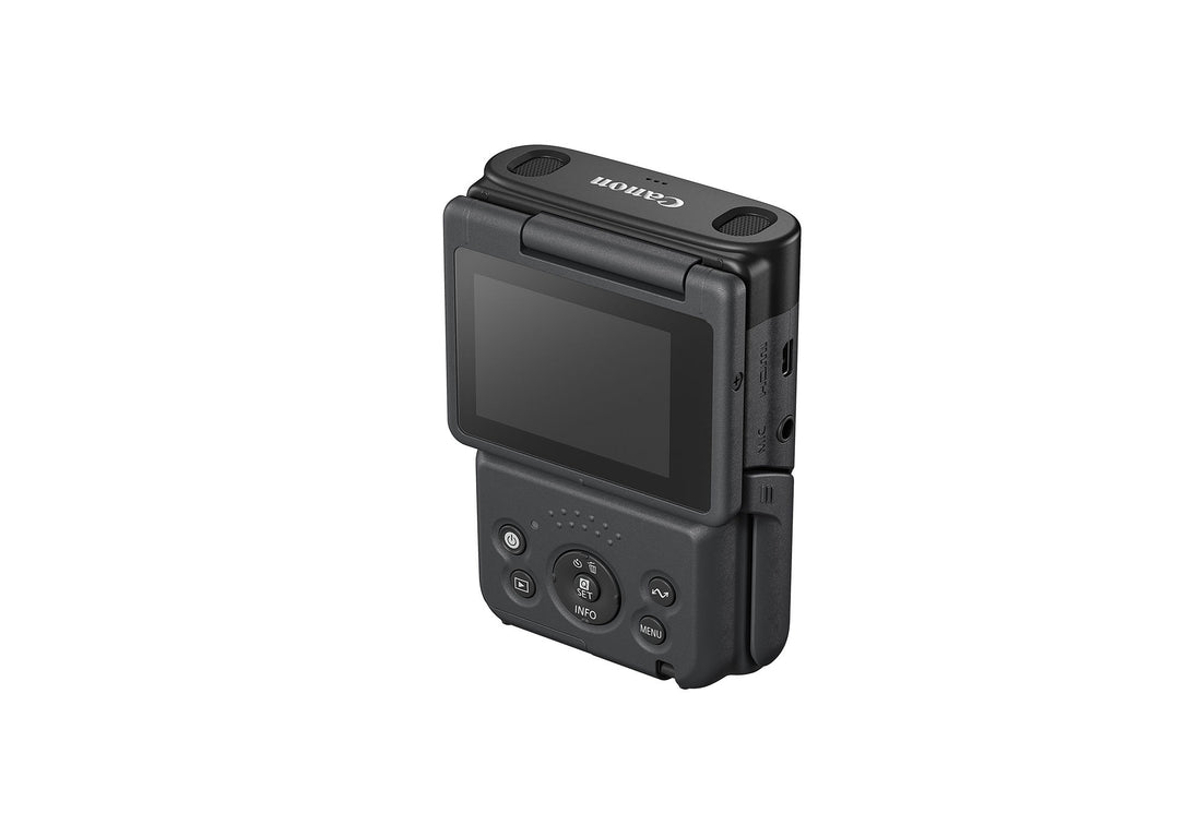 Canon PowerShot V10 with built-in stand deployed