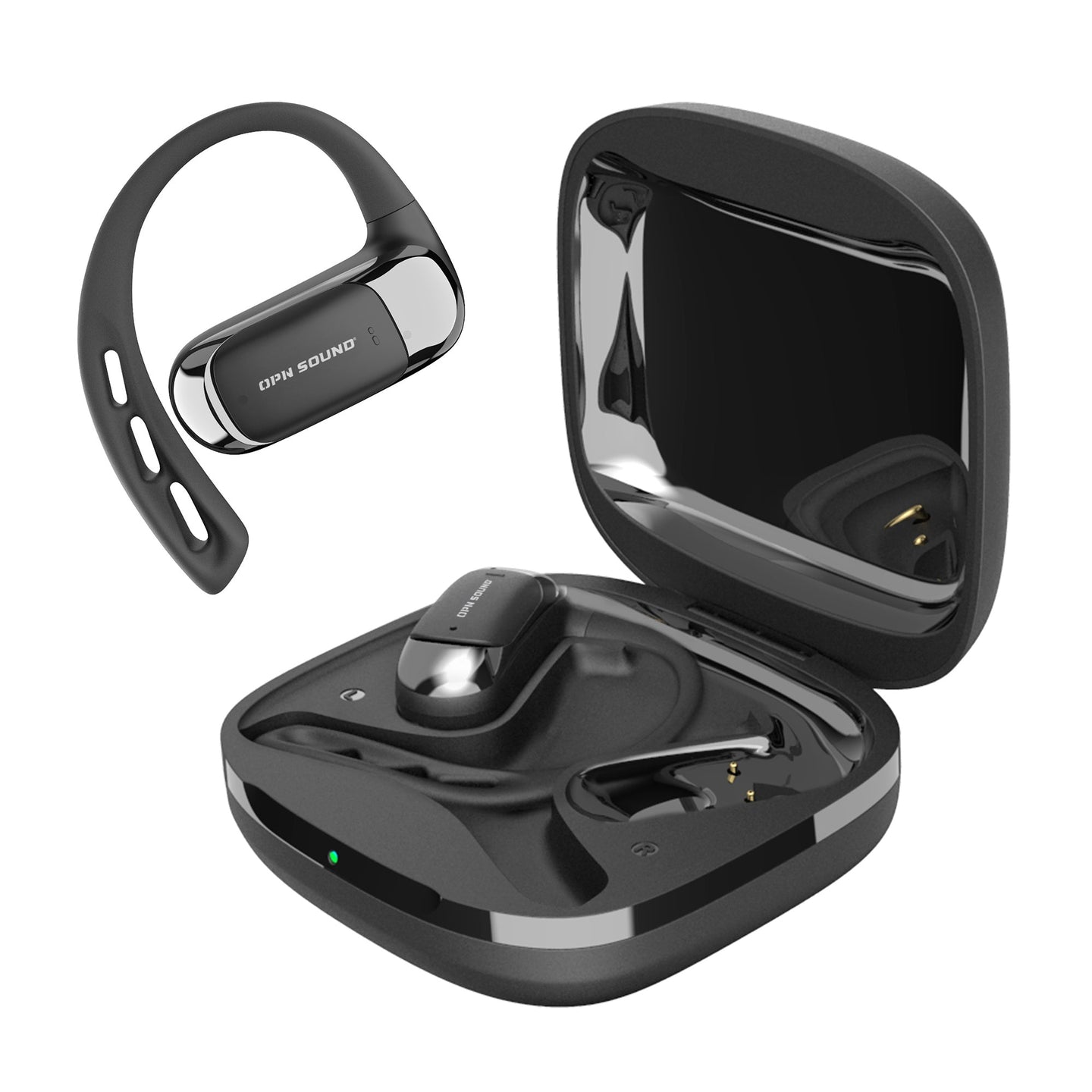 OPN Sound Aria Pro earbuds in open charging case