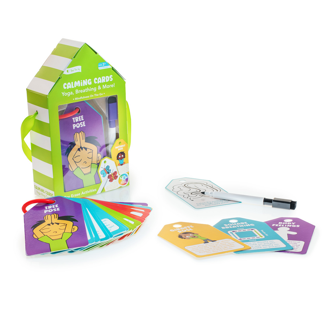 Calming Cards pack opened with the dry-erase card deck and marker