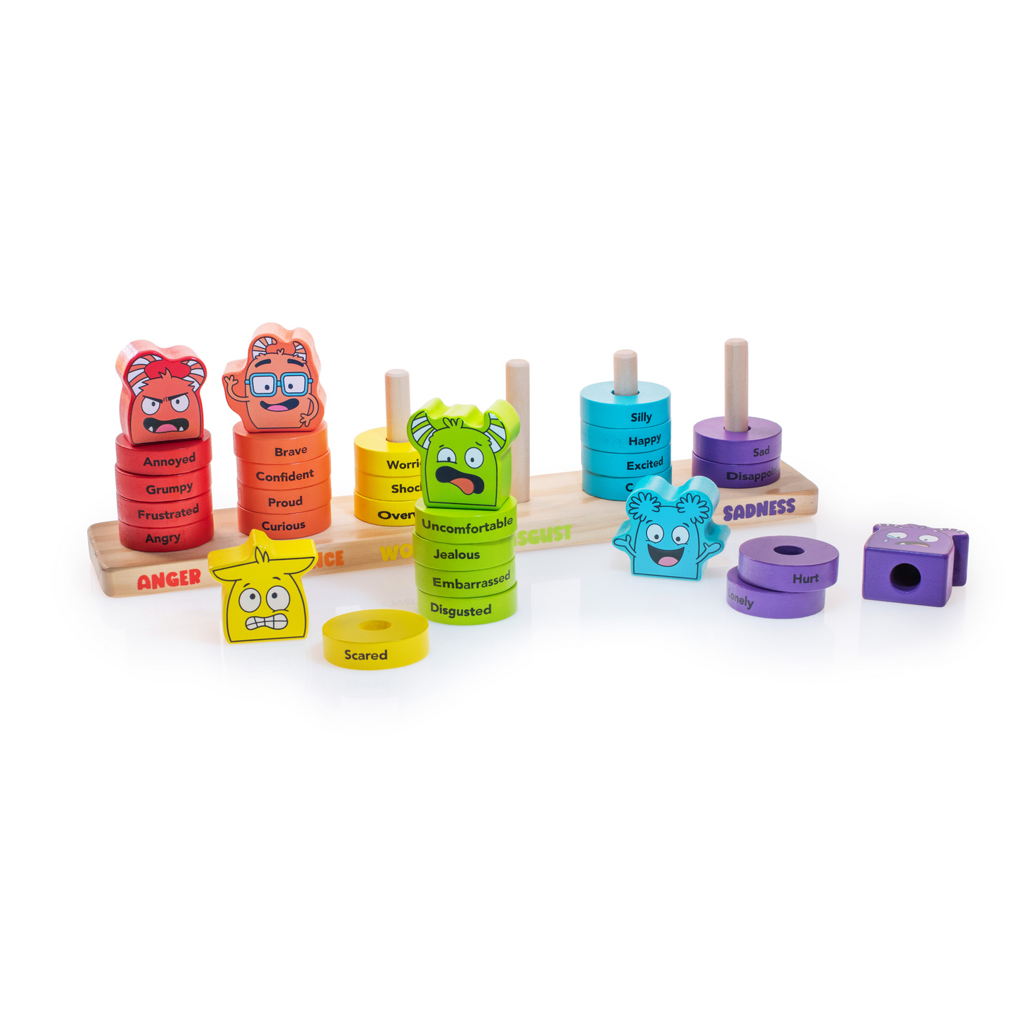 Emotions Stacking Rings with the wooden pegs and rings arranged on their tray