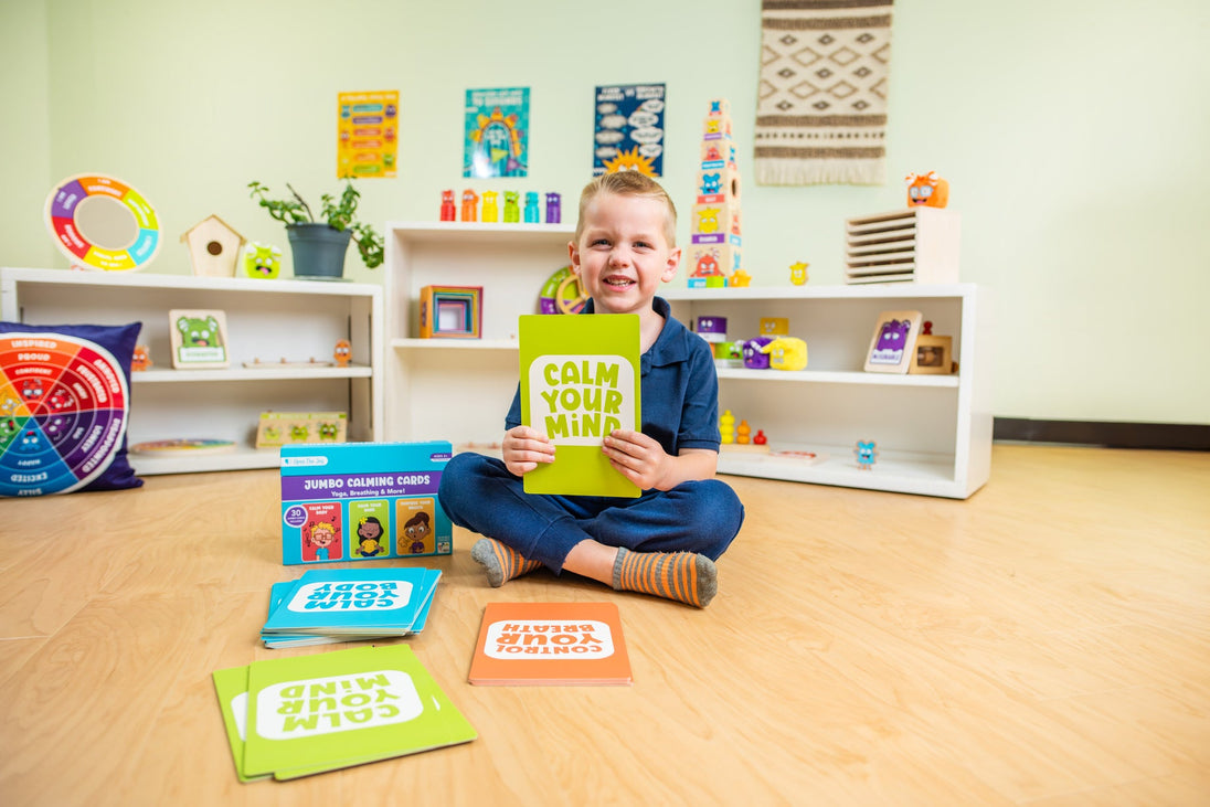 Teacher and child using the Jumbo Calming Cards in a classroom