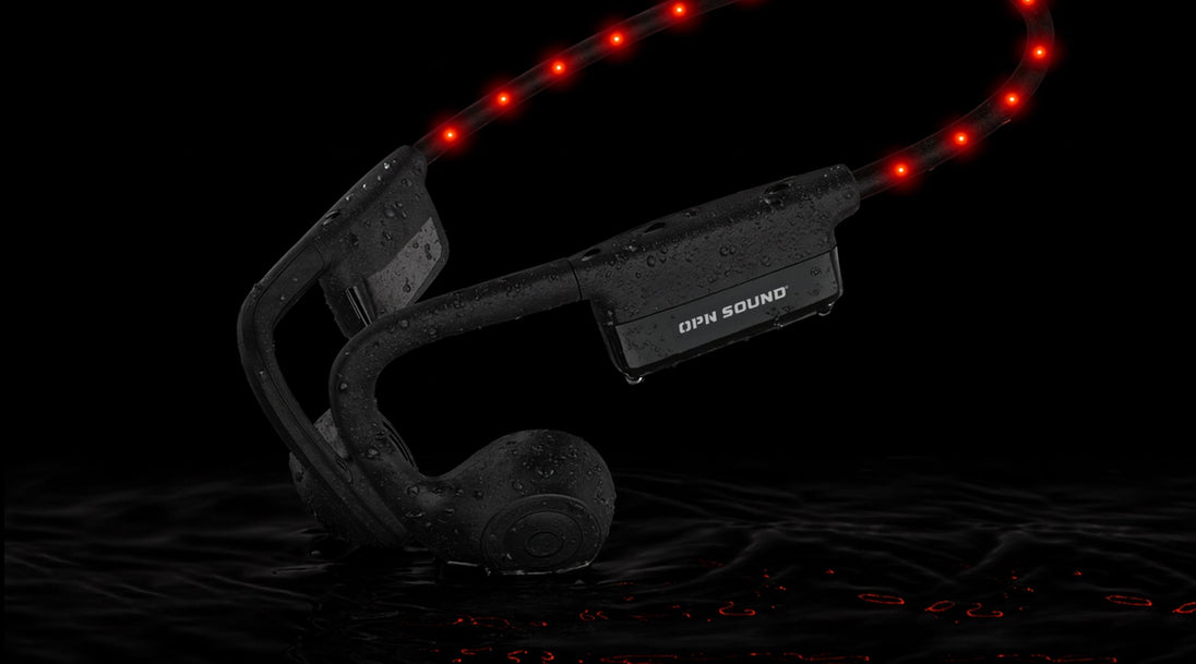 OPN Sound Dashlyte+ water-resistant headphones with LED strip lit