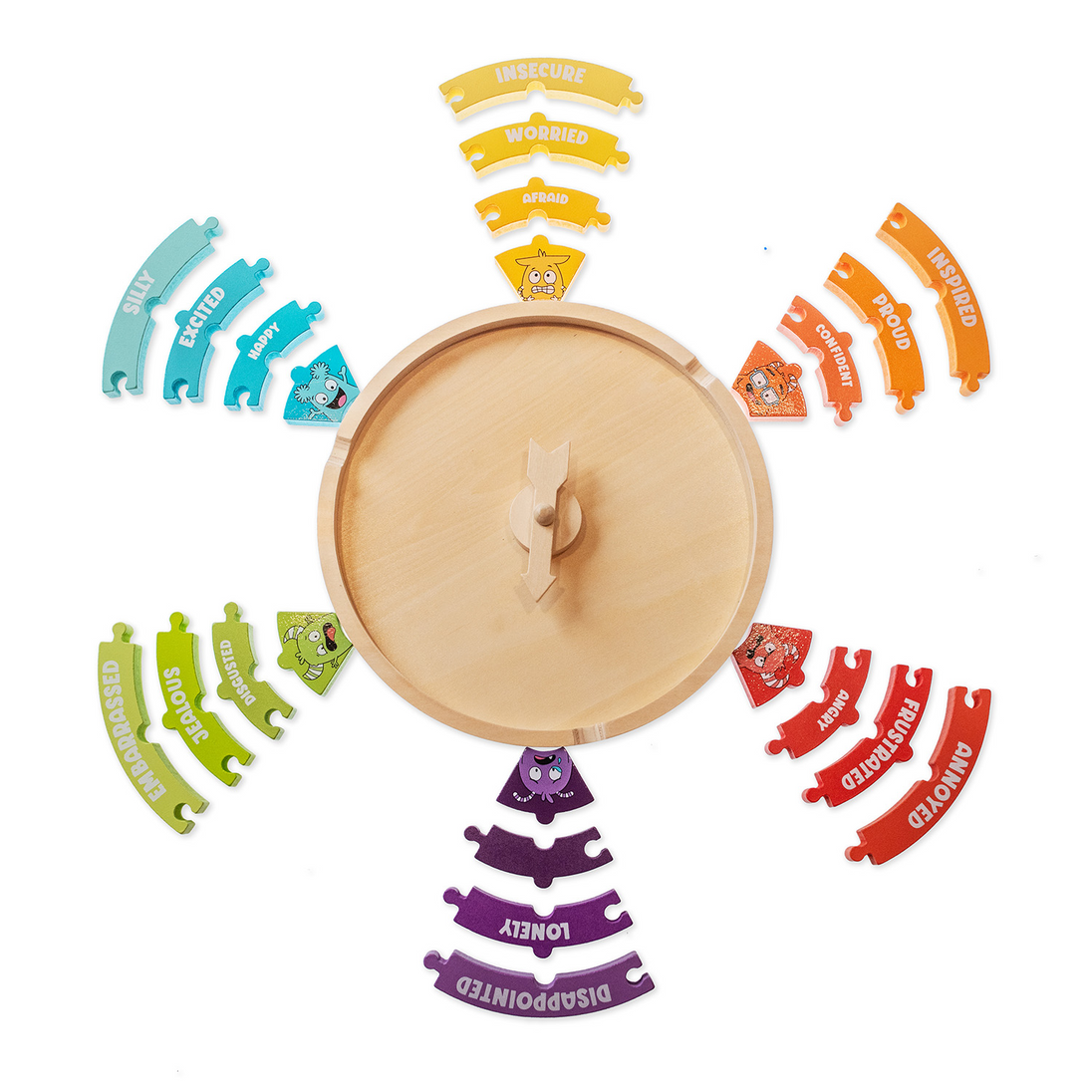My Emotions Wheel puzzle pieces fanned around the wooden base