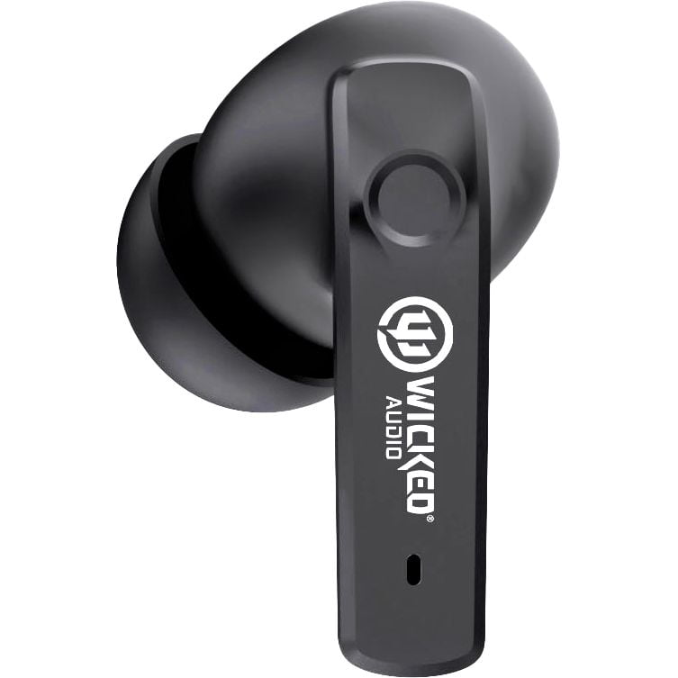 Wicked Audio Mojo 700 black earbud, front view with logo