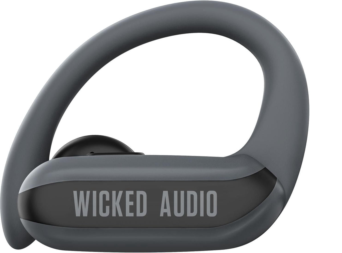 Wicked Audio Raen black earbud, side profile with branding