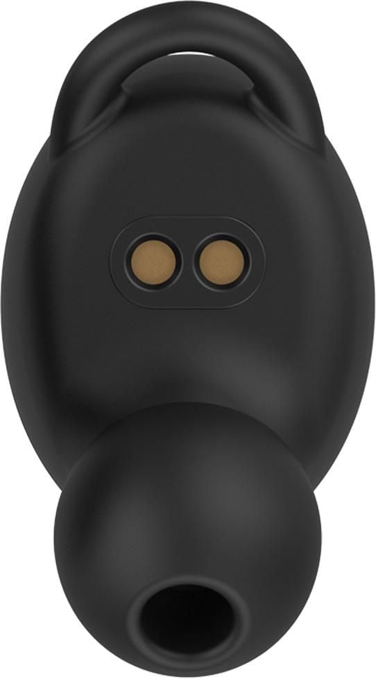 Wicked Audio Axoma black earbud, front view showing charging contacts