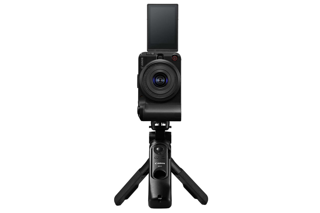 Canon EOS R50 V lifestyle - vertical video setup on tripod grip